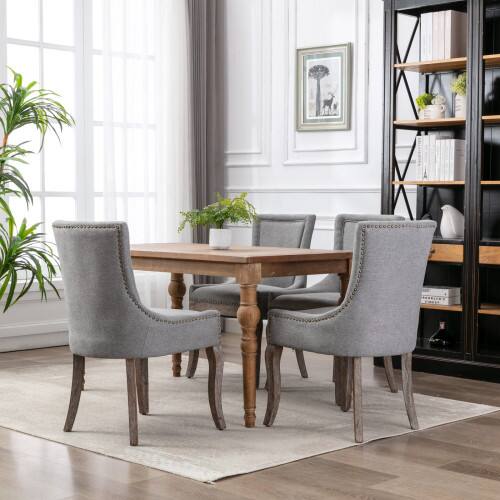 Front. LUCKY ONE - Assembled Ultra Side Dining Chair Set of 2 Thickened Fabric Chairs with Solid Wood Legs Bronze Nailhead - Gray.