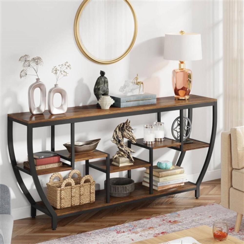 Left. Hivvago - Industrial Modern 70-inch Long Narrow Console Sofa Table with Wood Shelves - Brown.