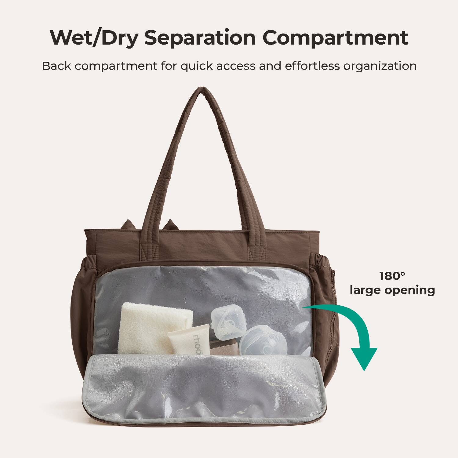 Wet/Dry Separation Compartment  
Back compartment for quick access and effortless organization  
180° large opening