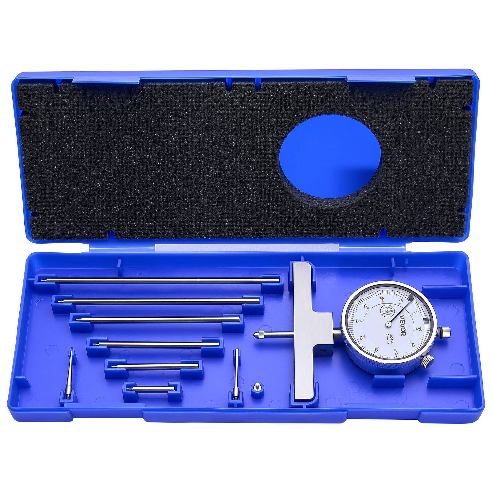 Front. VEVOR - Depth Gauge, Depth Micrometer 0-22 inch Measuring Range, 0.001" Resolution, with 4 Anvils & 6 Standard Rods - Silver.