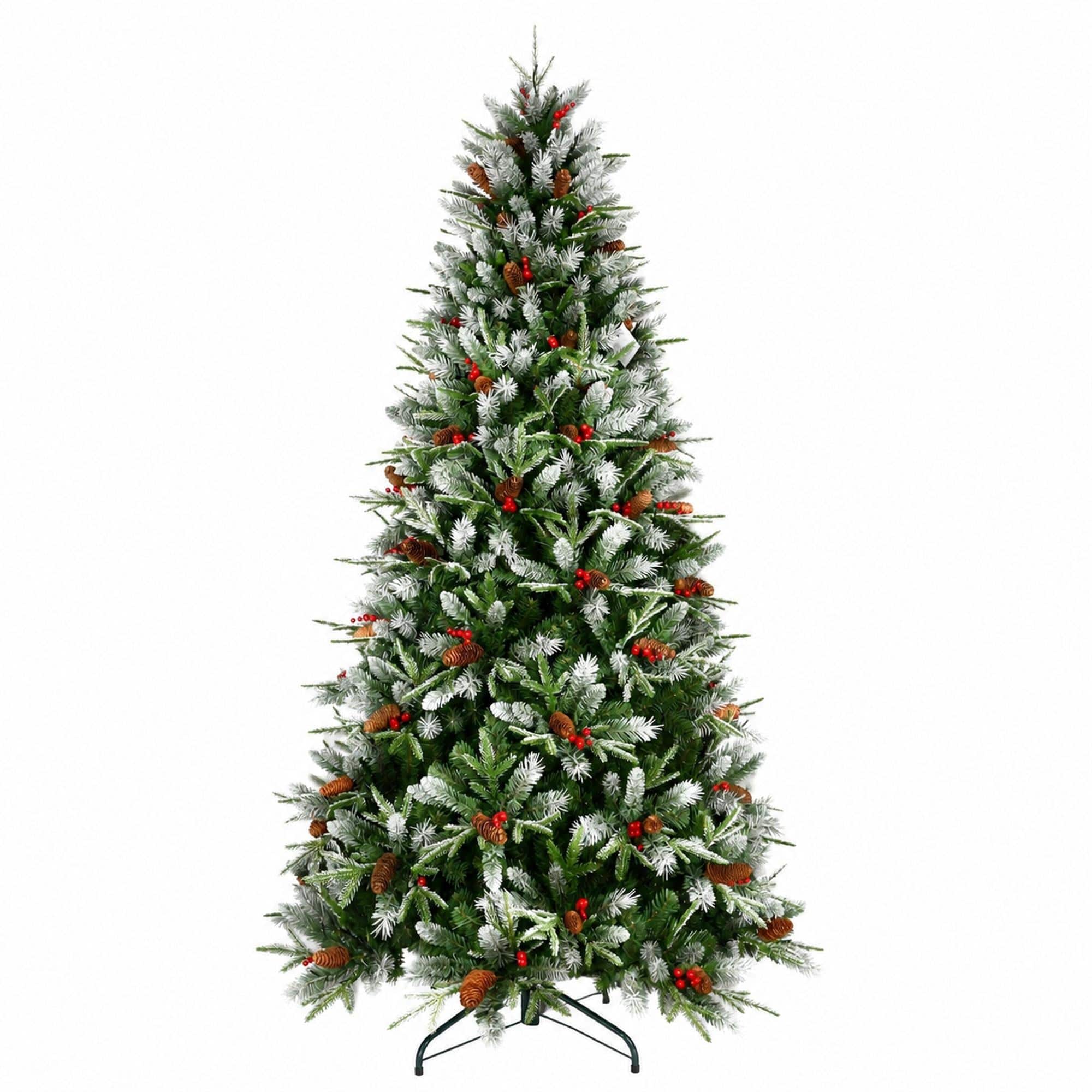 RYHNUYNE - 6FT Christmas Tree With Red Berries Pine Cones, 1593 Snow-Dusted PE+PVC Branches Hinged Design Sturdy Metal Stand - Green,White