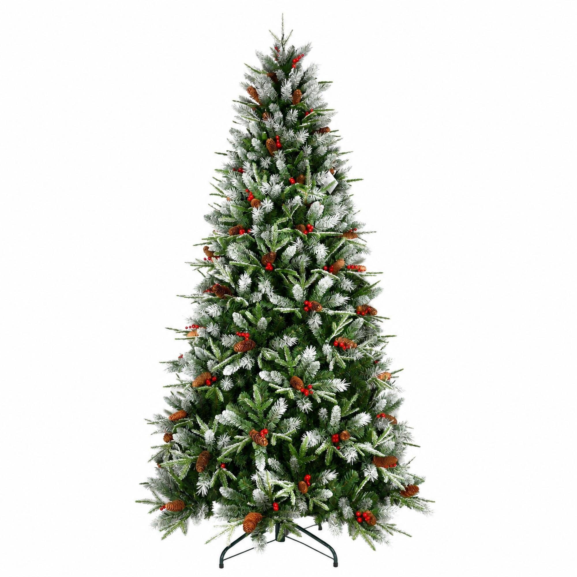 RYHNUYNE - 6FT Christmas Tree With Red Berries Pine Cones, 1593 Snow-Dusted PE+PVC Branches Hinged Design Sturdy Metal Stand - Green,White