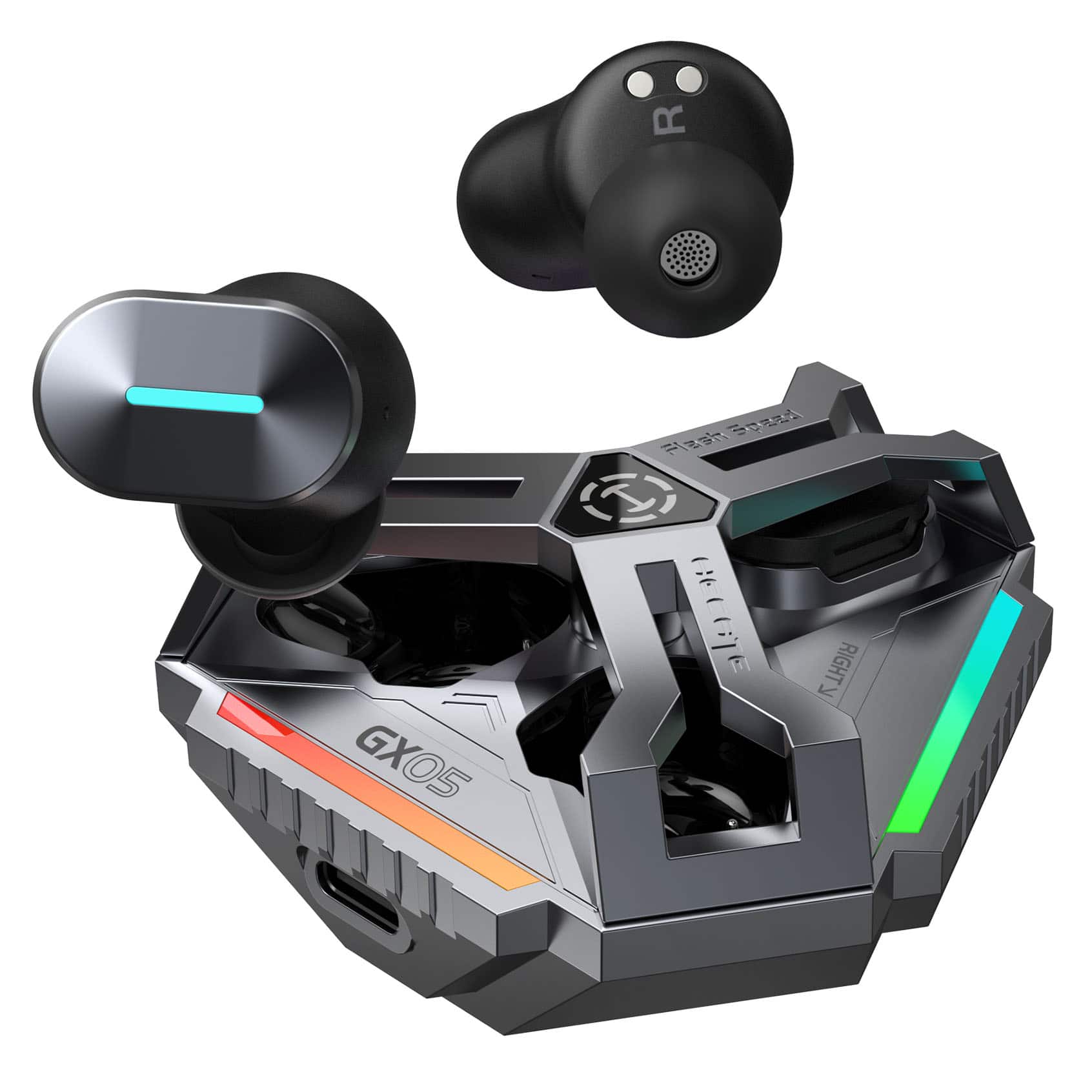 The image features a pair of GX05 headphones with a sleek design and a small box. The headphones are placed on top of the box, which has a blue light on it. The headphones are positioned in such a way that they are easily visible and appear to be the main focus of the image.