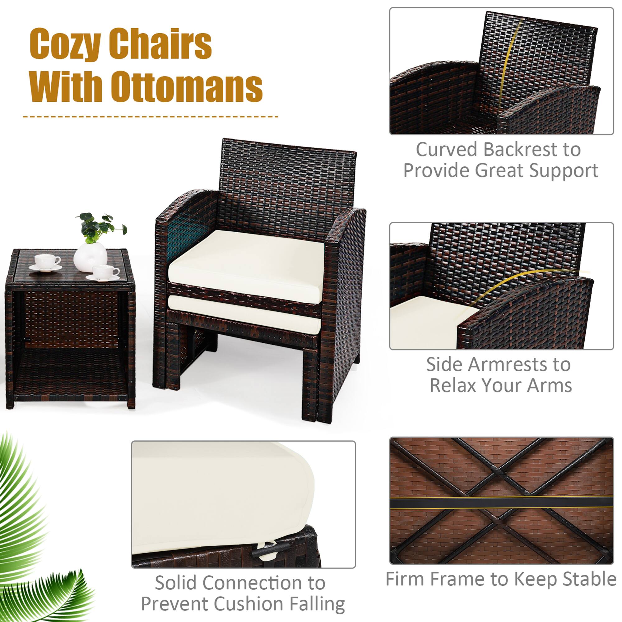 Cozy Chairs With Ottomans
Curved Backrest to Provide Great Support
Side Armrests to Relax Your Arms
Solid Connection to Prevent Cushion Falling
Firm Frame to Keep Stable