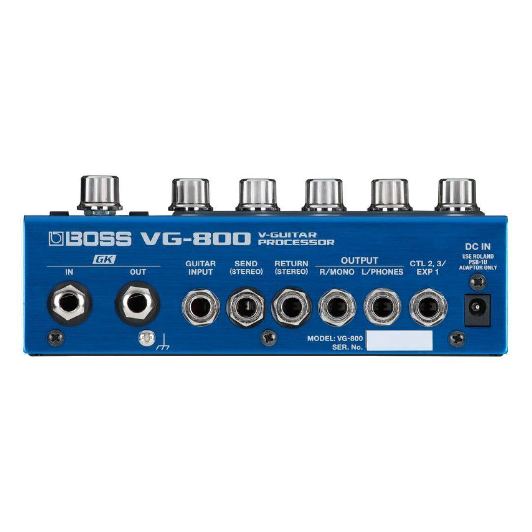 V-GUITAR BOSS VG-800 PROCESSOR GK OUTPUT GUITAR SEND RETURN CTL 2, 3/ IN OUT INPUT (STEREO) (STEREO) R/MONO L/PHONES EXP 1 DC IN USE ROLAND PS8-1U ADAPTOR ONLY 1 MODEL: VG-800 SER. No.