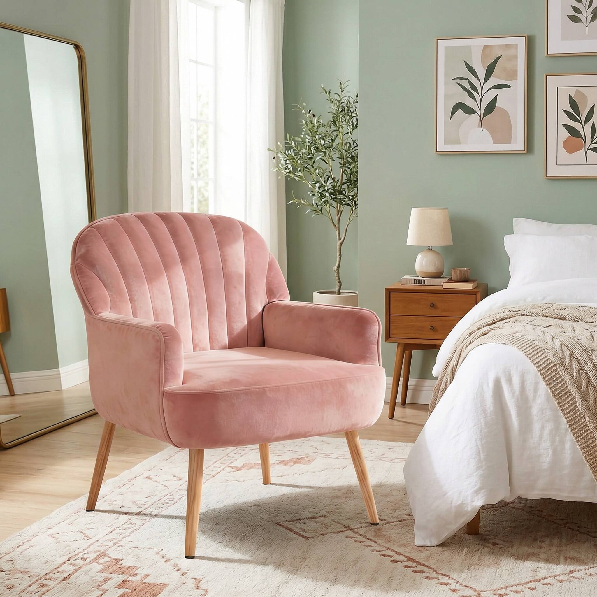 Left. Forest'nSky - Velvet Accent Chair, Modern Upholstered Barrel Armchair with Metal Legs, Luxury Comfy Single Sofa,Pink - Pink.