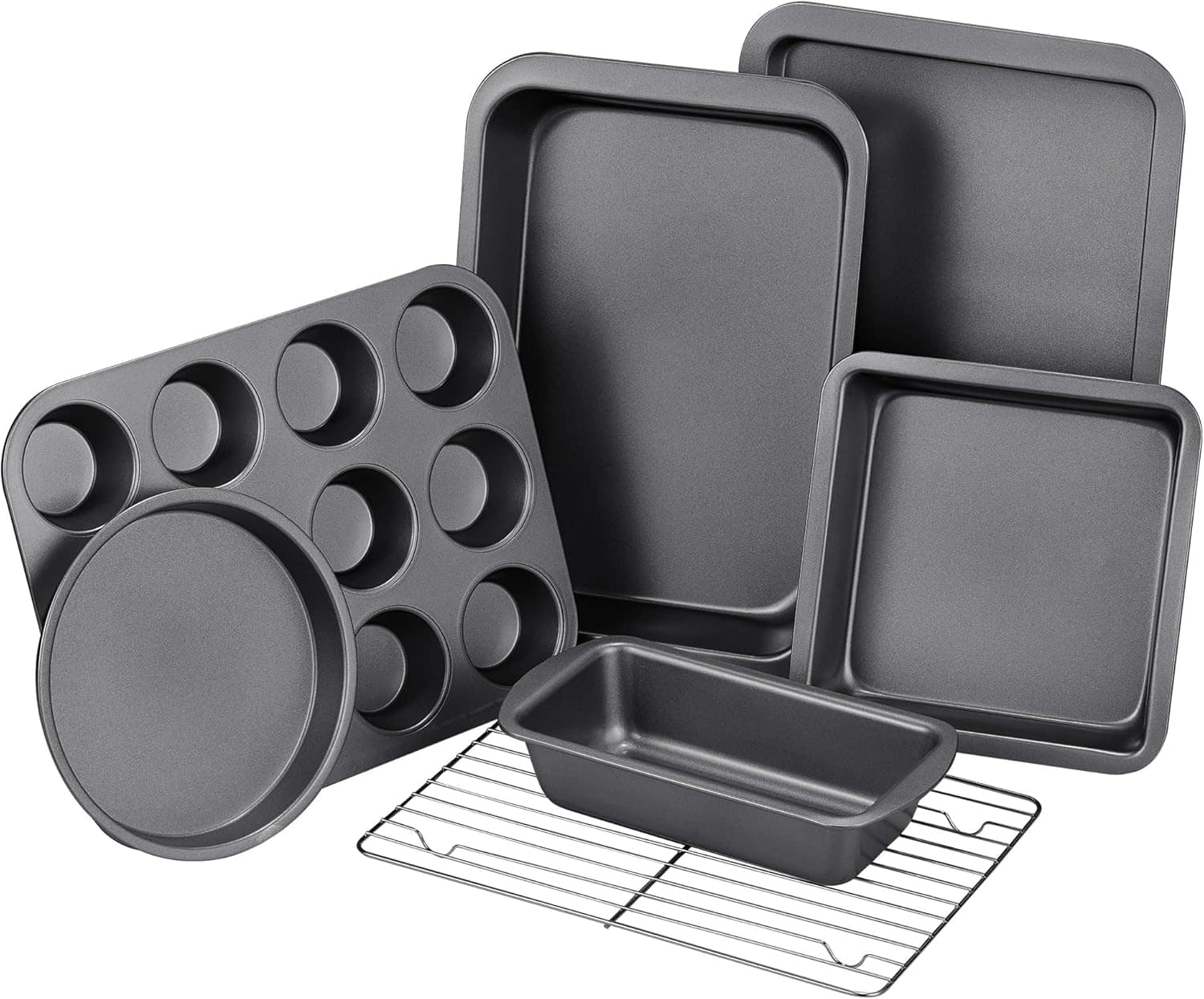 KITESSENSU - Nonstick Bakeware Sets 7-Piece with Round/Square Cake Pan, Loaf Pan, Muffin Pan, Cookie Sheet, Roast Pan, Cooling Rack - gray