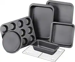 KITESSENSU - Nonstick Bakeware Sets 7-Piece with Round/Square Cake Pan, Loaf Pan, Muffin Pan, Cookie Sheet, Roast Pan, Cooling Rack - Gray