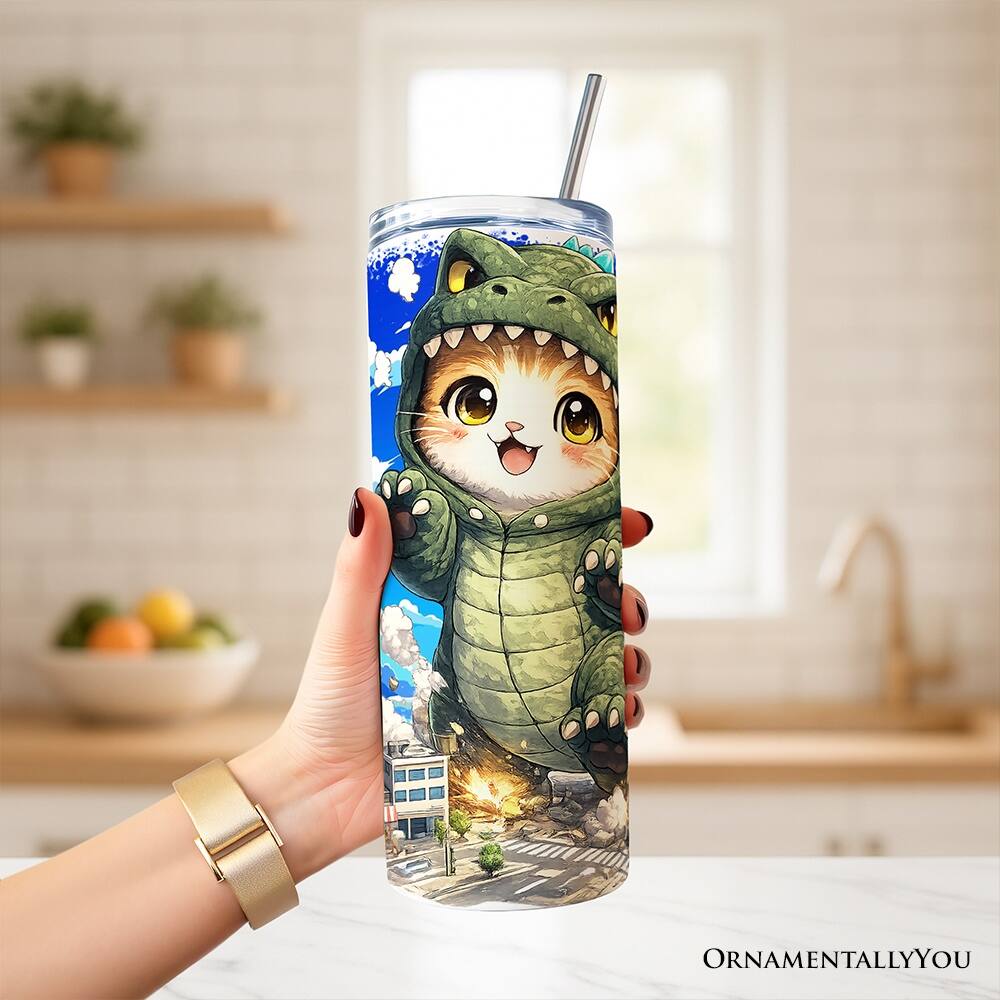 Back. OrnamentallyYou - Kawaii Cat Kaiju City Destroyer 20oz Tumbler With Lid and Stainless Steel Straw - Multicolored.