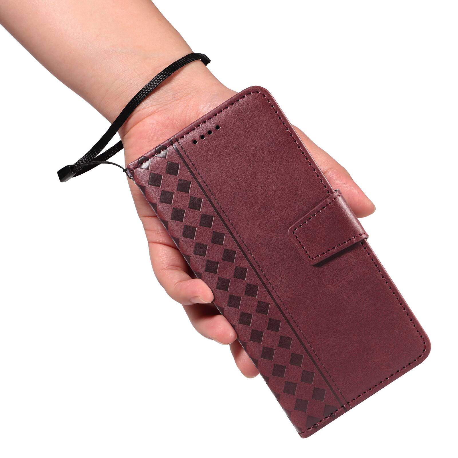 Alt View 4. Dteck - Magnetic Wallet Pocket Case For Apple iPhone 17 Pro, Shockproof Faux Leather Card Pocket Wrist Strap Cover - Red.