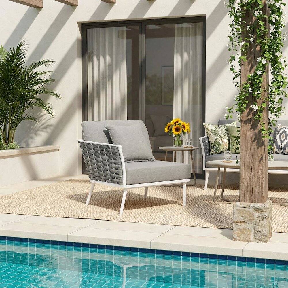 Angle. Outdoor Escape - Aluminum Left-Facing Outdoor Patio Lounge Chair With Armrests - White.