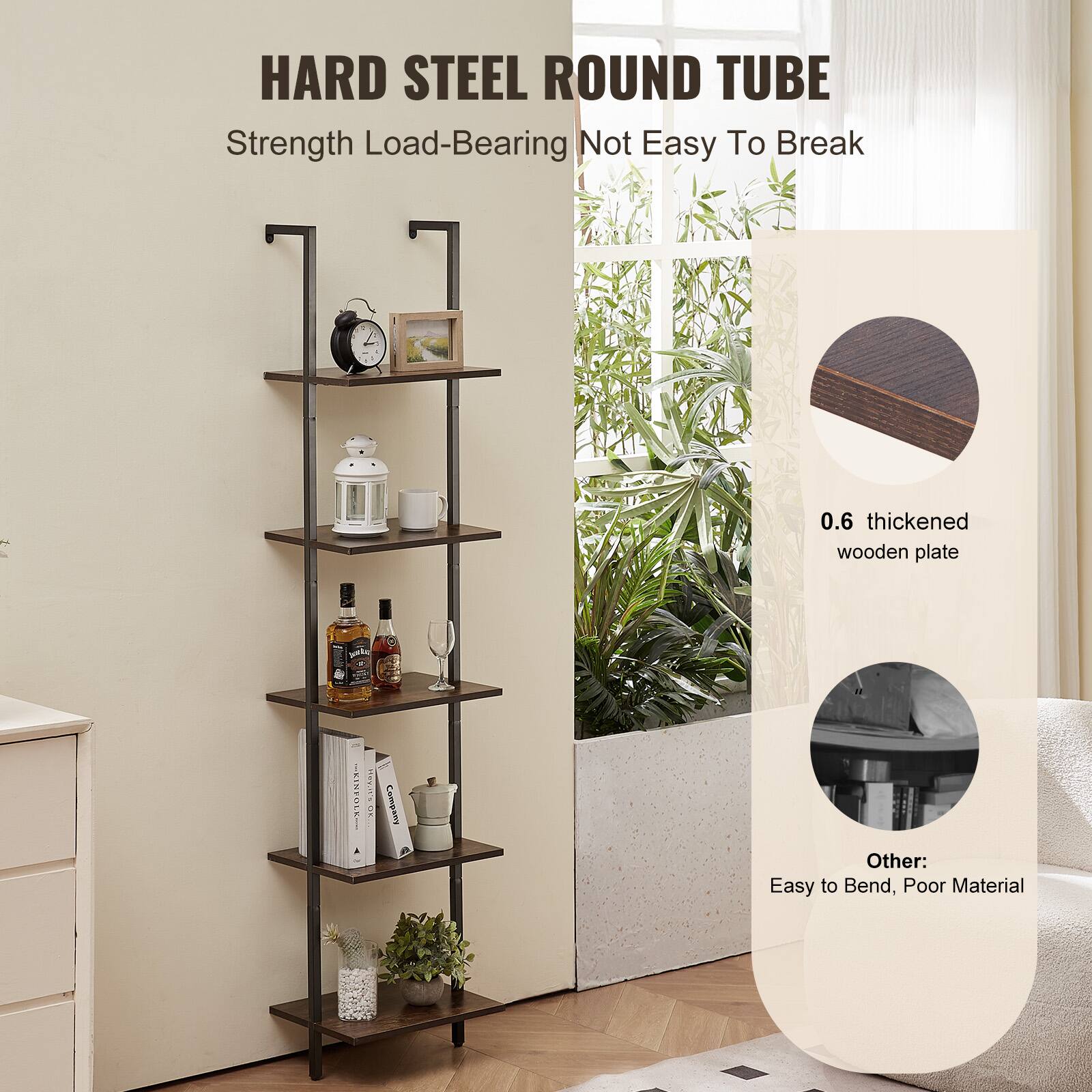 HARD STEEL ROUND TUBE  
Strength Load-Bearing Not Easy To Break  

0.6 thickened wooden plate  

Other:  
Easy to Bend, Poor Material