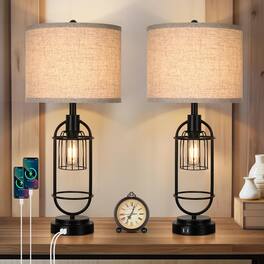 Nordic Hygge - Set of 2 Table Lamps for Living Room with USB Ports, 29" Tall 2-Light Bedside Lamps, Farmhouse Nightstand Lamp - Cream
