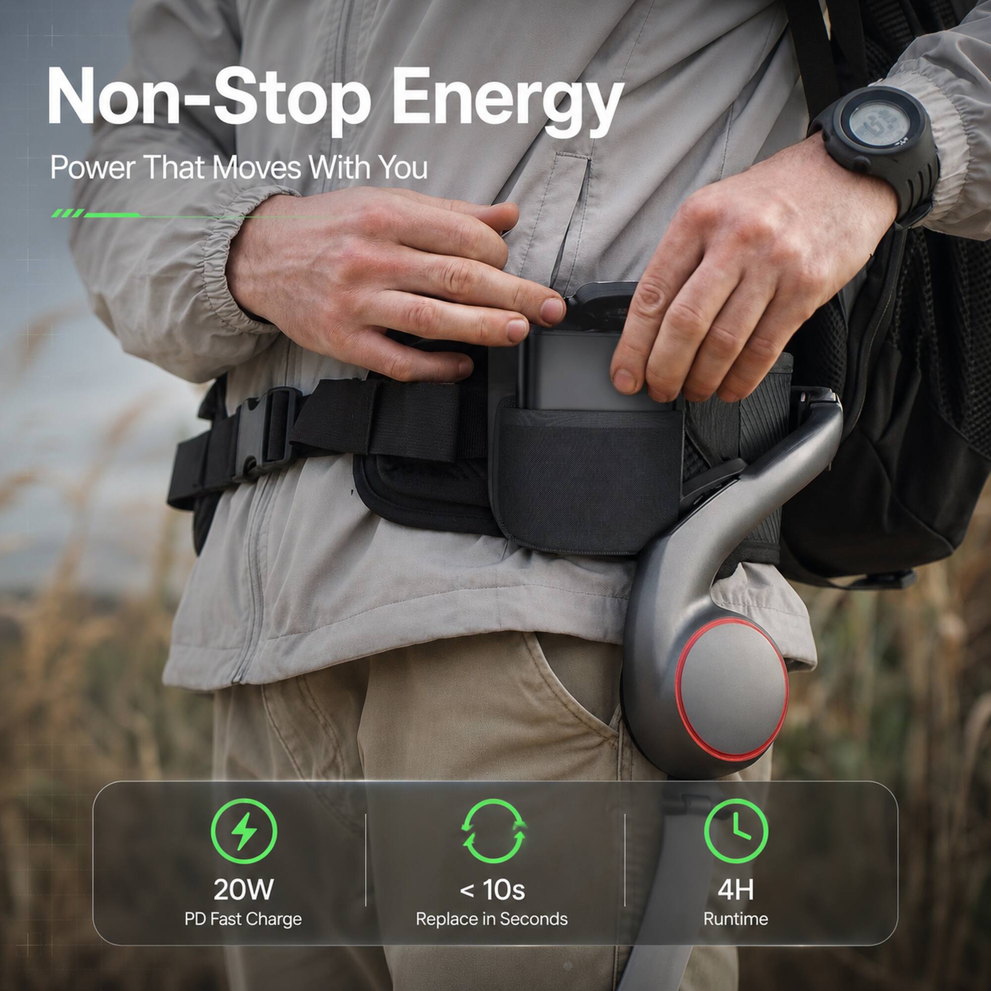 Non-Stop Energy  
Power That Moves With You  

4 x 20W PD Fast Charge  
< 10s Replace in Seconds  
4H Runtime