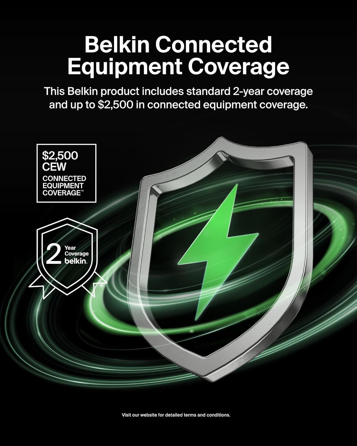 Belkin Connected Equipment Coverage: This Belkin product includes standard 2-year coverage and up to $2,500 in connected equipment coverage. $2,500 CEW CONNECTED EQUIPMENT COVERAGE Year 2 belkin. Coverage Visit our website for detailed terms and conditions.