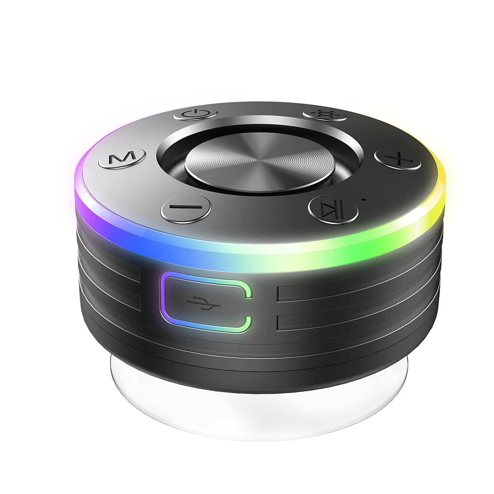 YONWAY - IP7 Waterproof Shower Speaker, Wireless Bluetooth Speaker with Suction Cup/RGB Light, Hands-Free Call/FM Radio - Black