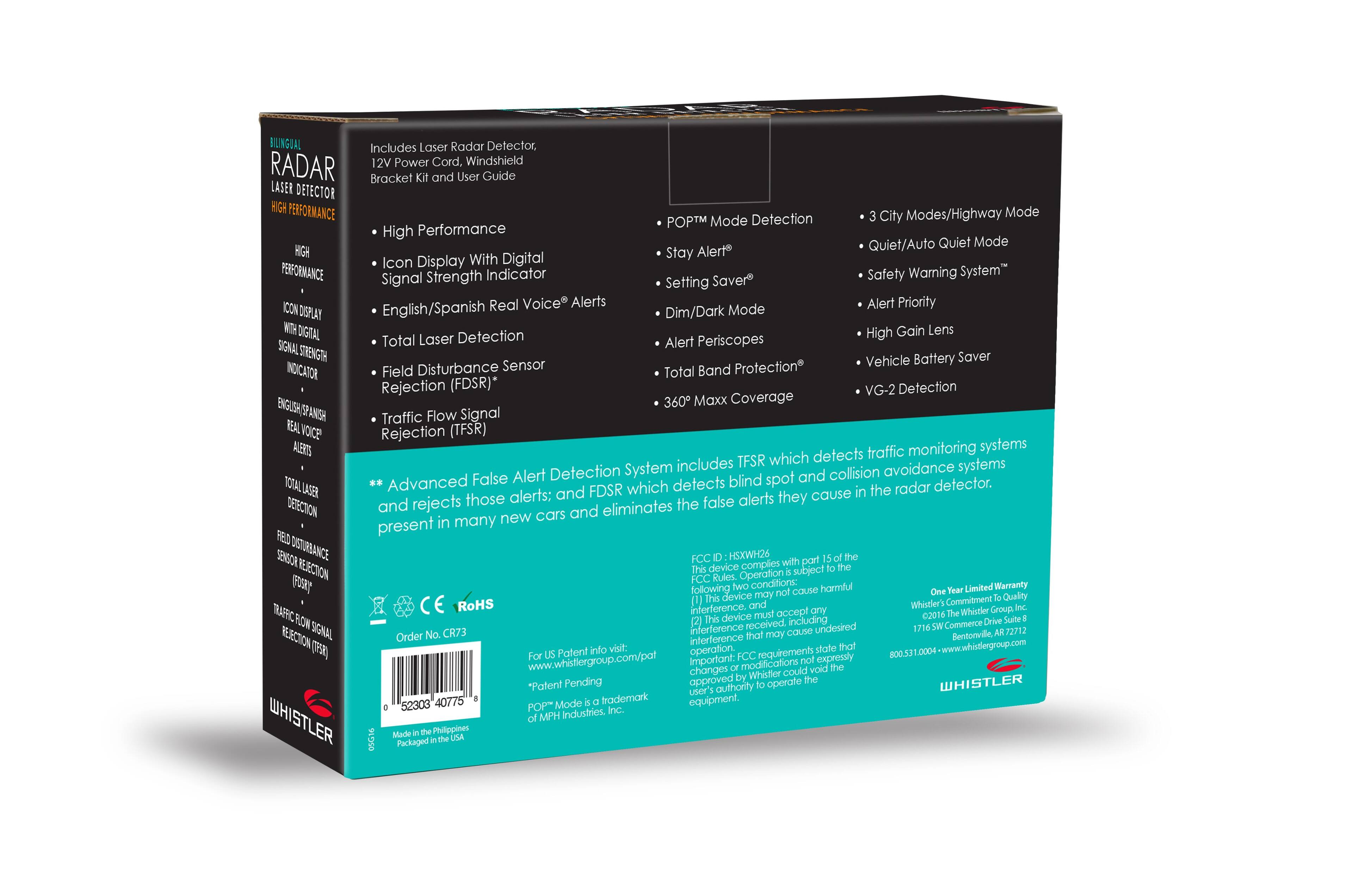 BLINGAL Includes Laser Radar Detector, Power Cord. Windshield RADAR Bracket User Guide LASER DETECTOR PERFORMANCE Mode Detection City Modes/Highway Mode PTM High Performance Quiet/Auto Quiet Mode Stay Alert Icon Display With Digital PERFORMANCE Strength Indicator Safety Warning System Signal Setting Saver ICON Real Voice* Alerts Alert Priority DISPLAY English/Spanish Dim/Dark Mode DIGITAL High Gain Lens Total Laser Detection Alert Periscopes SIGNAL STRENGTH Vehicle Battery Saver INDICATOR Field Disturbance Sensor Total Band Protection Rejection (FDSR)* VG-2 Detection ENGUSA 360 Maxx Coverage ANSH Traffic Flow Signal VOCe Rejection (TFSR) ALERTS traffic monitoring systems TFSR which detects Detection System includes avoidance systems False Alert spot and collision TOTAL Advanced which detects blind radar detector. alerts: and FDSR cause the and rejects those the false alerts they DETECTION new cars and eliminates present many SENO DISTURBANCE HSX