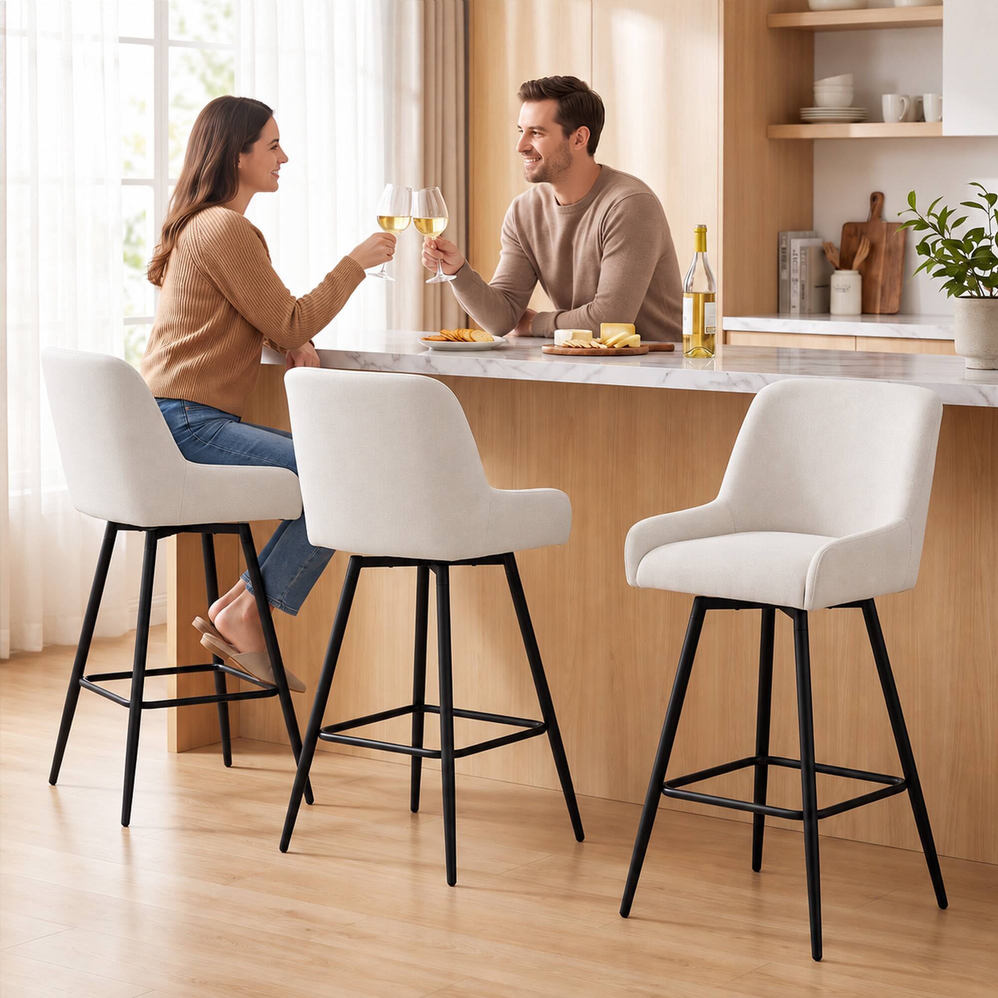 Alt View 8. Homcom - Island Chairs Counter Height Bar Stools with Swivel Linen Seat and Footrest - Cream White.