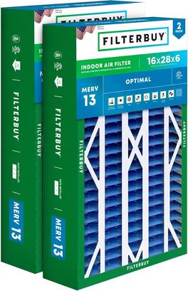 Filterbuy - 16x28x6 MERV 13 Smoke & Allergy Defense, Pleated HVAC AC Furnace Air Filters Replacement for AprilAire (2-Pack) - Blue