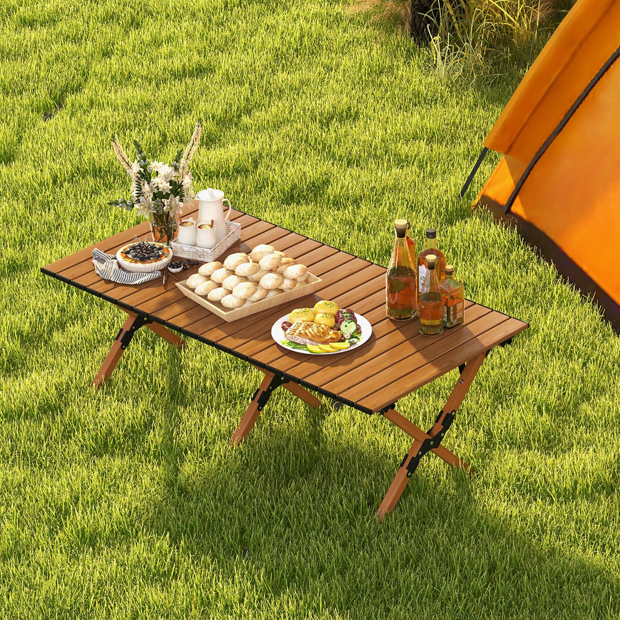 Alt View 1. Costway - Costway Folding Aluminum Camping Table with  Carry Bag Roll-Up Picnic Table with  Wood Grain - Natural.