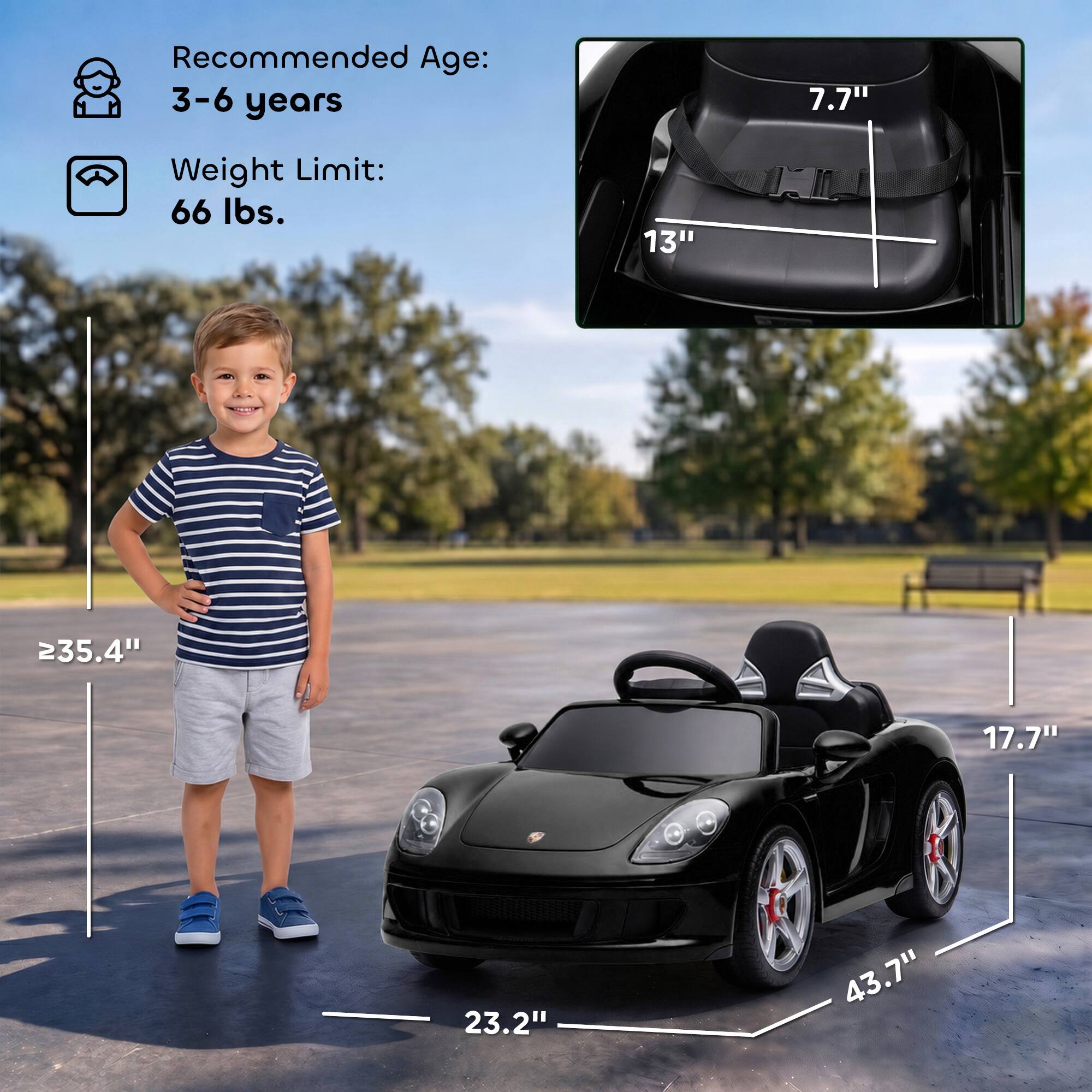 Recommended Age: 3-6 years  
Weight Limit: 66 lbs.  
7.7"  
13"  
235.4"  
17.7"  
23.2"  
43.7"