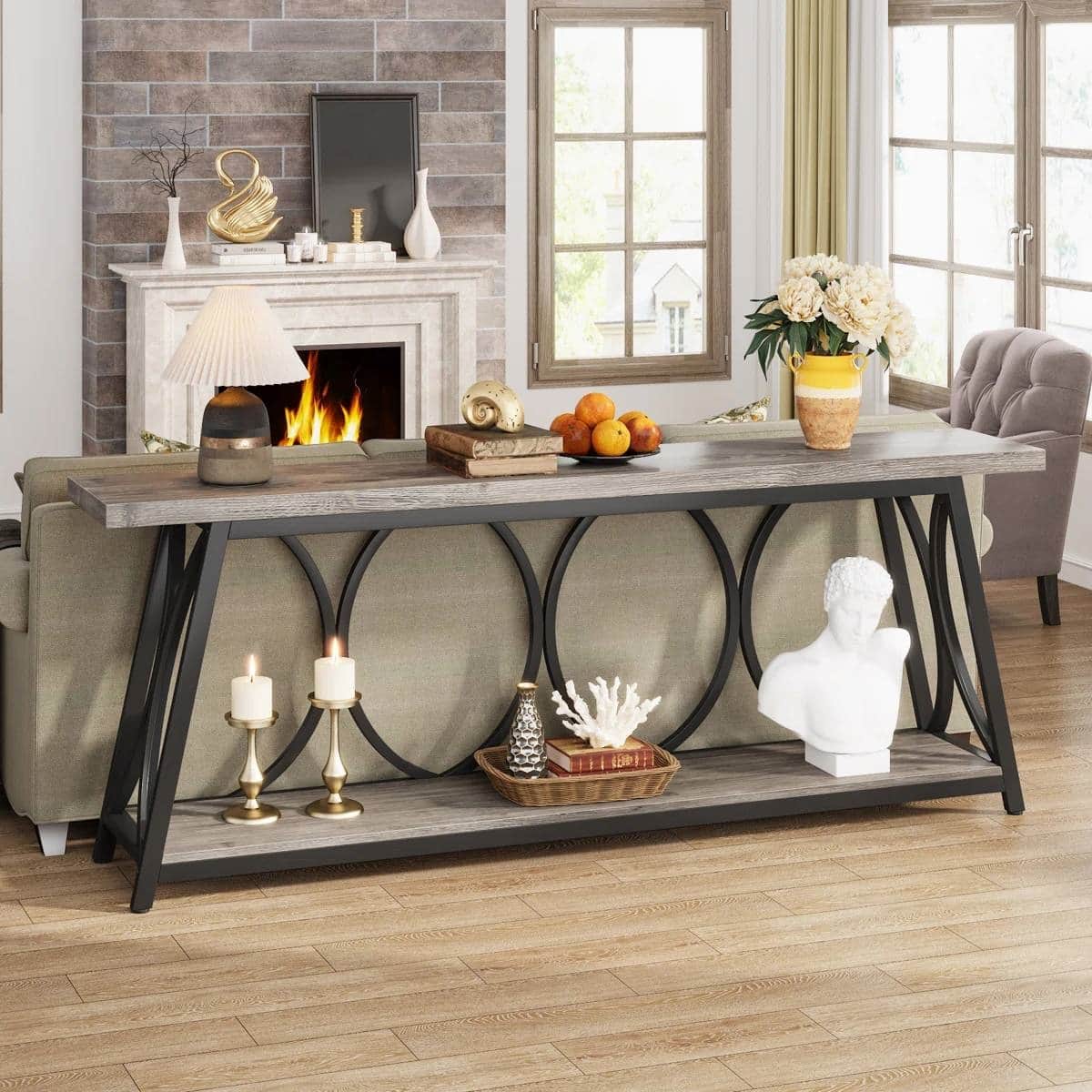 SlickBlue - Heavy Duty Metal Frame Console Table with Wooden Top - Gray