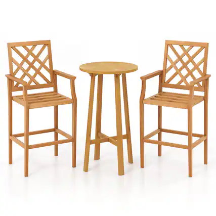 Front. Gymax - Gymax 3 PCS Patio Bar Set Round Cocktail Table w/ 2 Stools w/ Backrest Armrests - Natural.