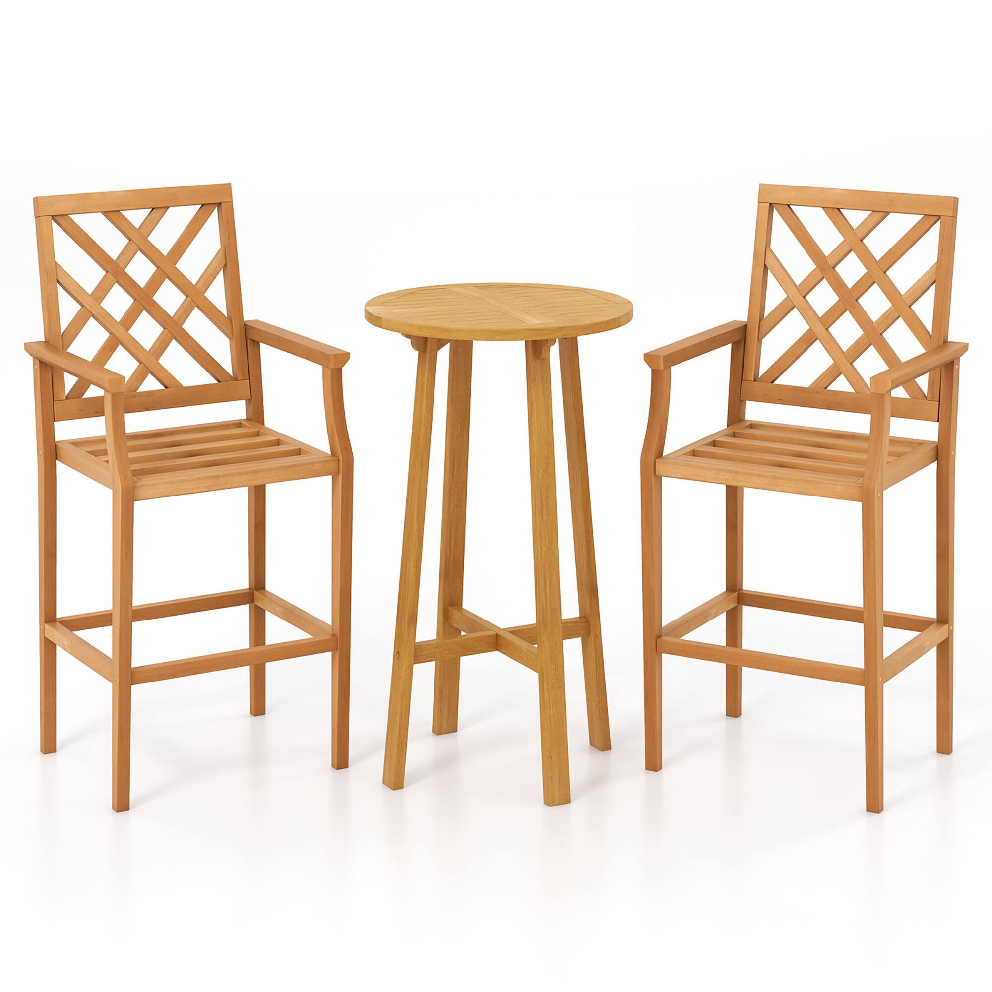 Front. Gymax - Gymax 3 PCS Patio Bar Set Round Cocktail Table w/ 2 Stools w/ Backrest Armrests - Natural.