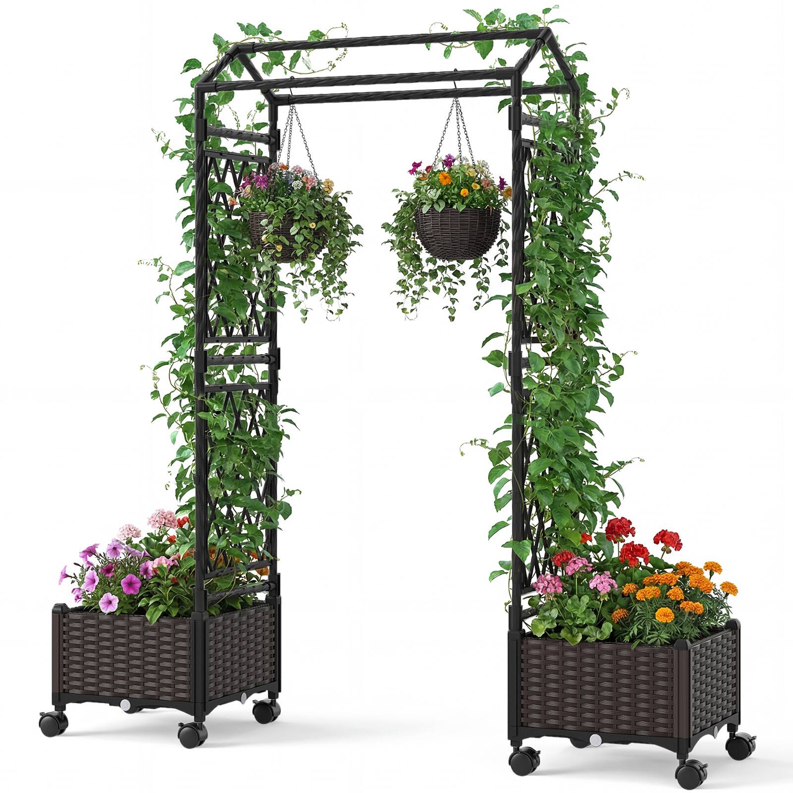 Alt View 9. Gymax - Gymax Self-Watering Planter Boxes w/ Lattice Trellis & Roof 5.5 FT Tall - Brown.