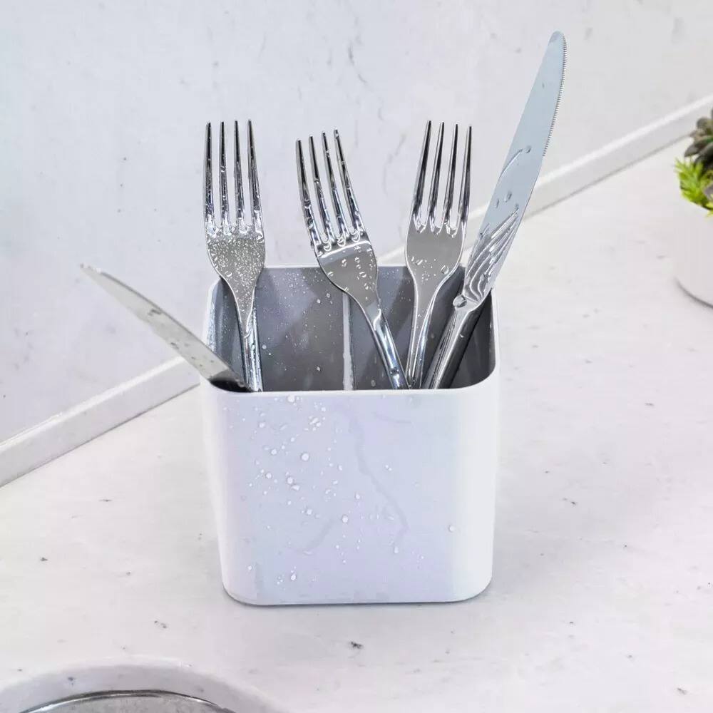 Alt View 2. OU - OU Kitchen Sink Organizer Set 3pc, Dish Rack, Cutlery Drainer & Soap Dispenser with Sponge Holder - White - White.