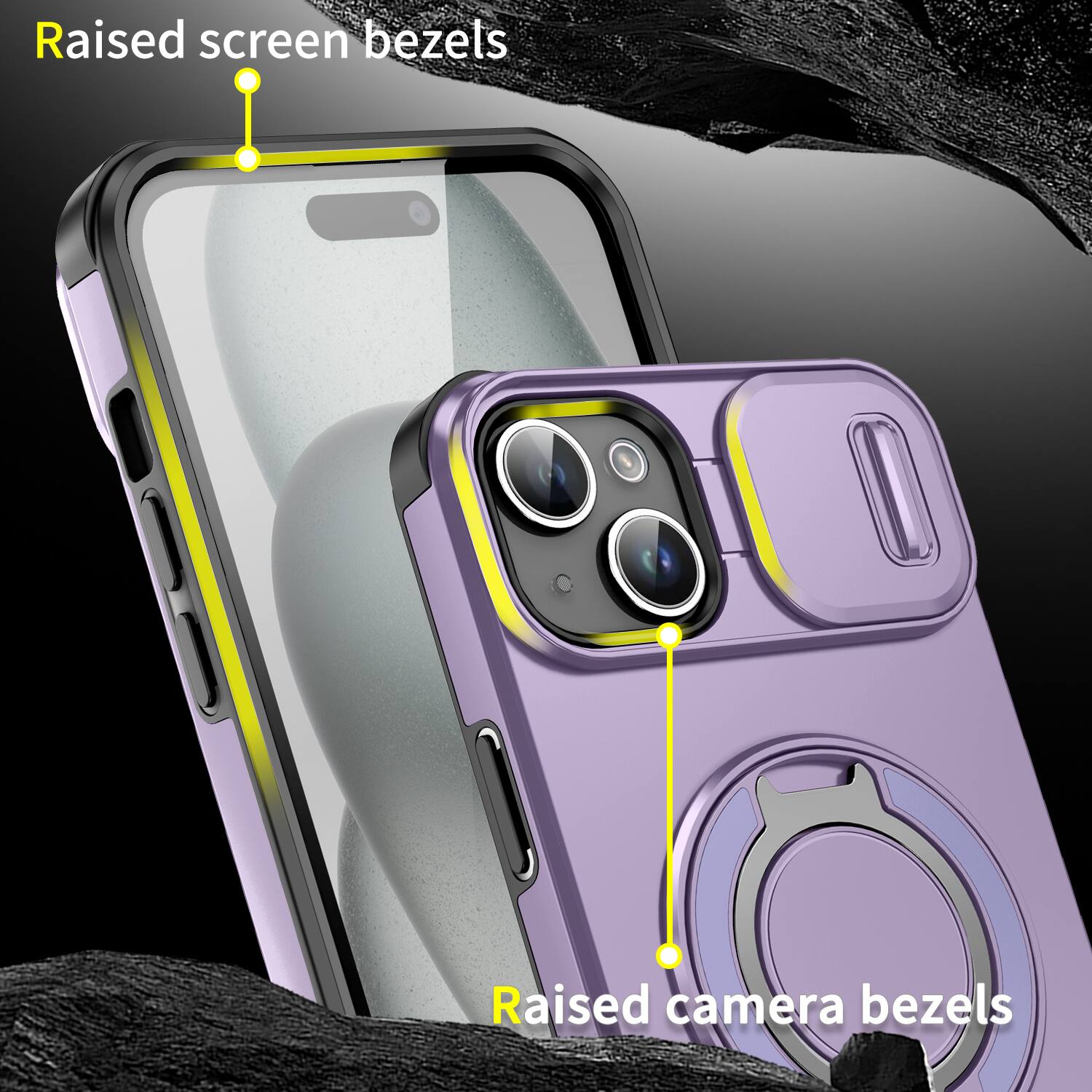 Raised screen bezels  
Raised camera bezels