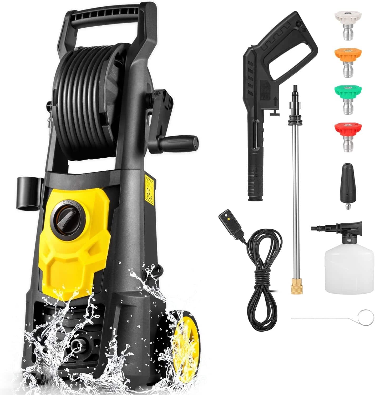 MOOSOO - Electric Pressure Washer, 2000 PSI, 1.65 GPM Power Washer w/ 30 ft Hose & Reel, 5 Quick Connect Nozzles, Foam Cannon - Yellow