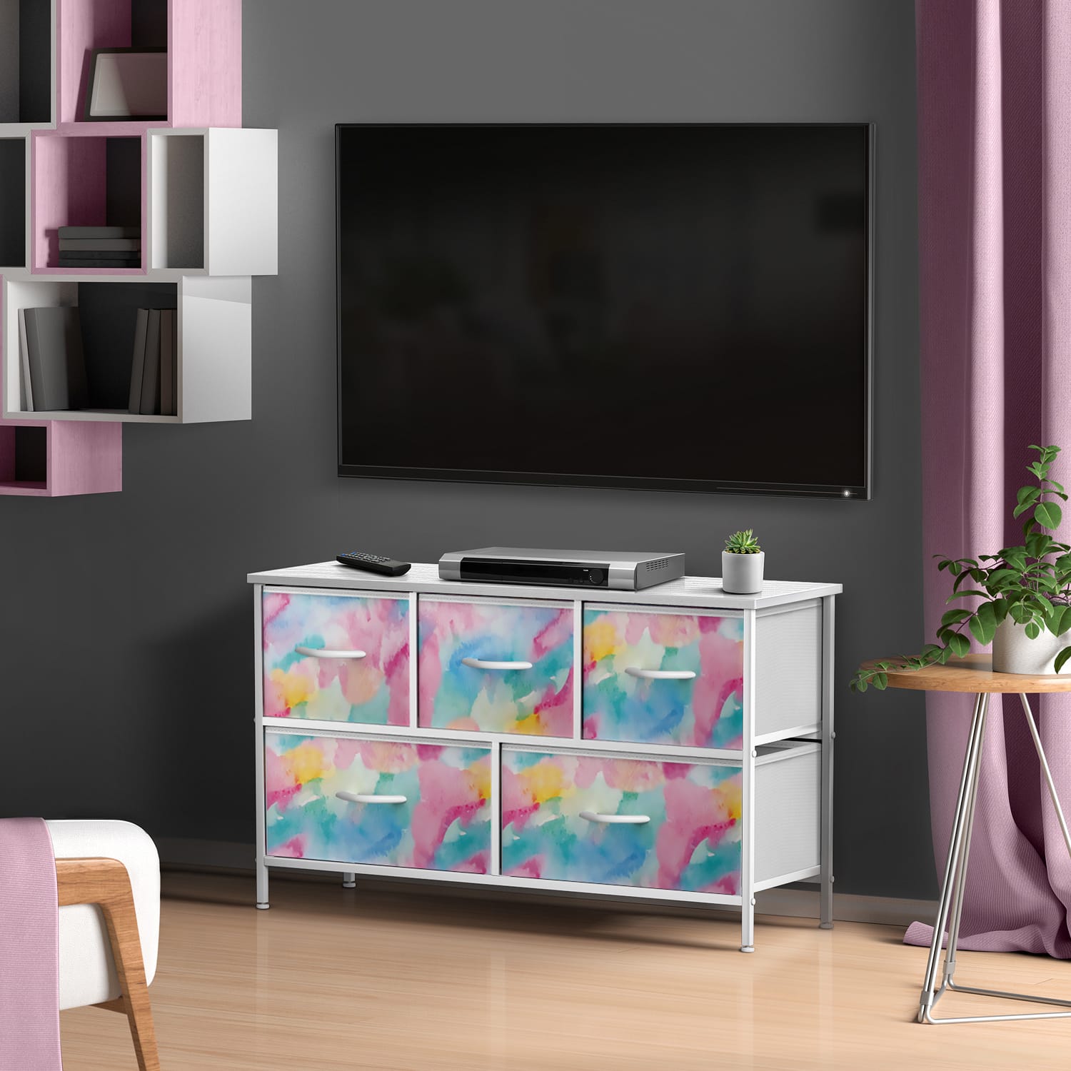 Sorbus - TV Stand Dresser with 5 Drawers - Television Riser Chest with Storage - Fits Most TVs, Bedroom, Living Room - Watercolor Tie-Dye