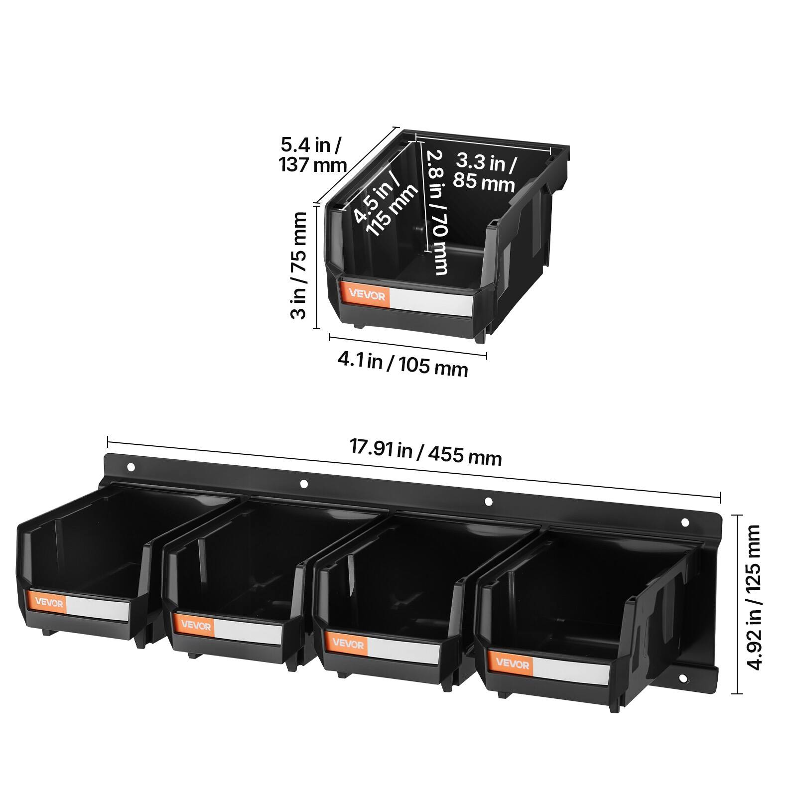 Sure, here is the corrected and grouped text from the image:

- **Top Section:**
  - 5.4 in / 137 mm
  - 3.3 in / 85 mm
  - 2.8 in / 70 mm
  - 4.5 in / 115 mm
  - 3 in / 75 mm
  - 4.1 in / 105 mm

- **Bottom Section:**
  - 17.91 in / 455 mm
  - 4.92 in / 125 mm

- **Brand:**
  - VEVOR