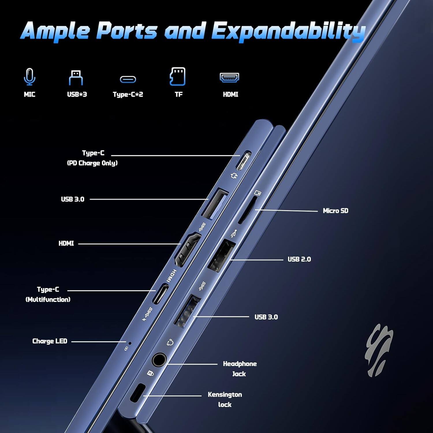Ample Ports and Expandability

- MIC
- USB*3
- Type-C*2
- TF
- HDMI

Type-C (PD Charge Only)
USB 3.0
HDMI
Type-C (Multifunction)
USB 3.0
USB 2.0
Micro SD
Charge LED
Headphone Jack
Kensington lock
