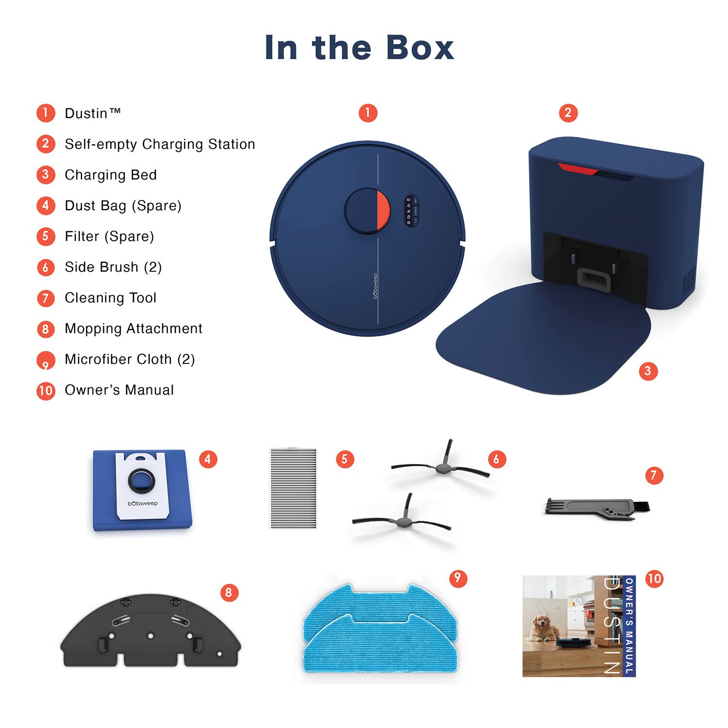 In the Box

1. Dustin™
2. Self-empty Charging Station
3. Charging Bed
4. Dust Bag (Spare)
5. Filter (Spare)
6. Side Brush (2)
7. Cleaning Tool
8. Mopping Attachment
9. Microfiber Cloth (2)
10. Owner's Manual
