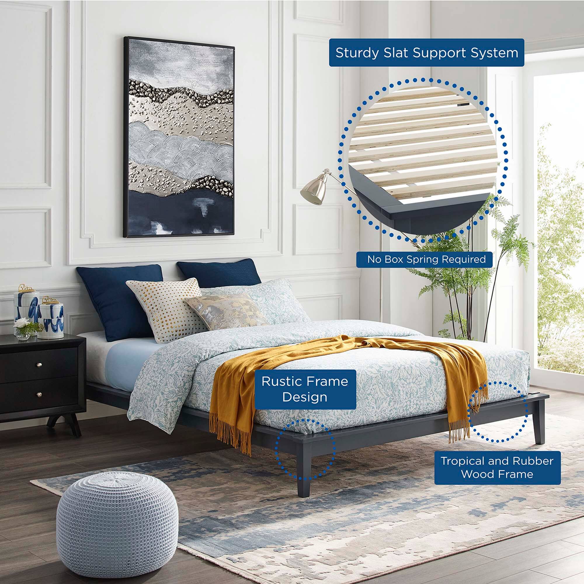 - Sturdy Slat Support System
- No Box Spring Required
- Rustic Frame Design
- Tropical and Rubber Wood Frame