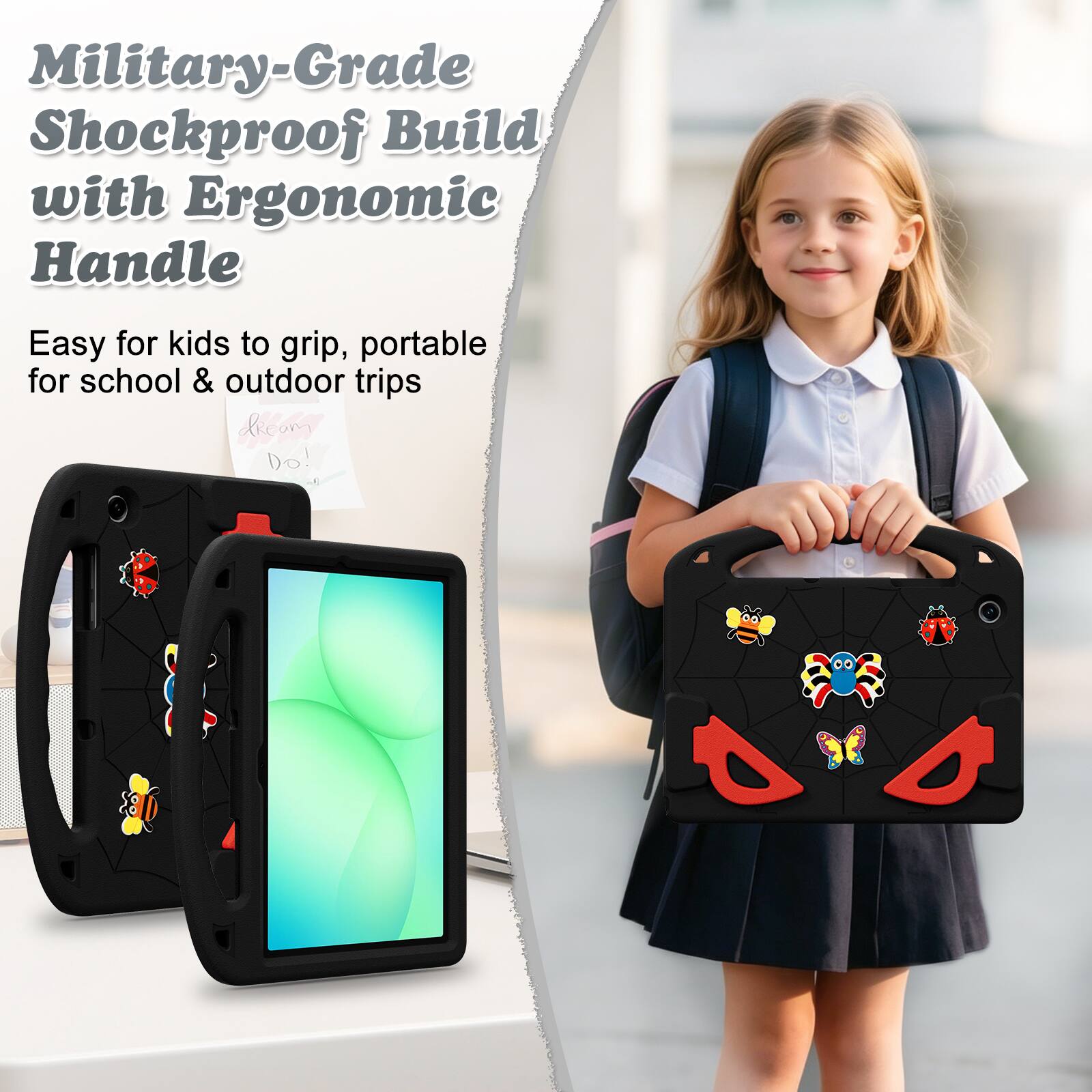Military-Grade Shockproof Build with Ergonomic Handle  
Easy for kids to grip, portable for school & outdoor trips