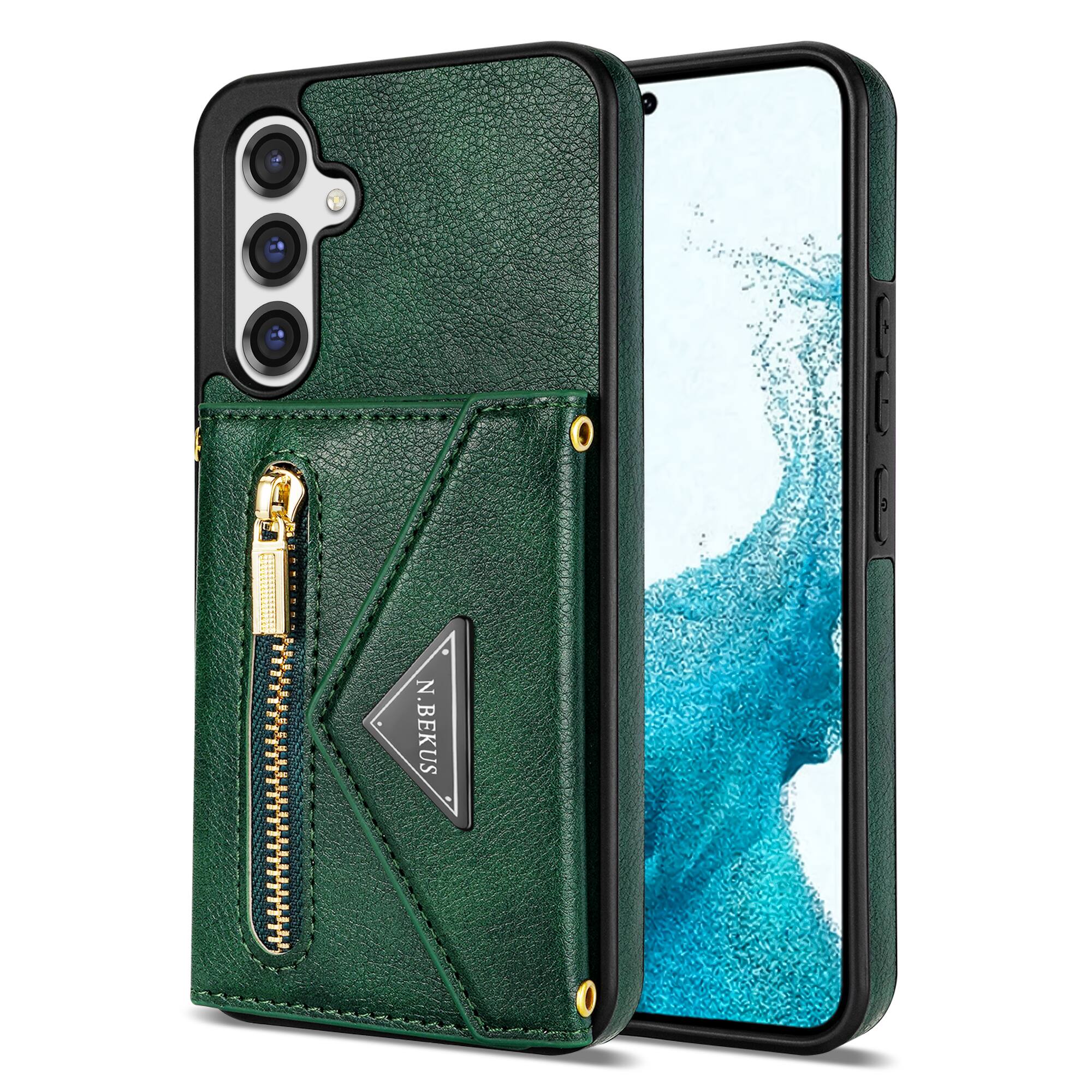 Alt View 6. Dteck - Crossbody Wallet Case for Samsung Galaxy S26, Shockproof PU Leather Stand Cover with Zipper Pocket and Card Slots - Green.