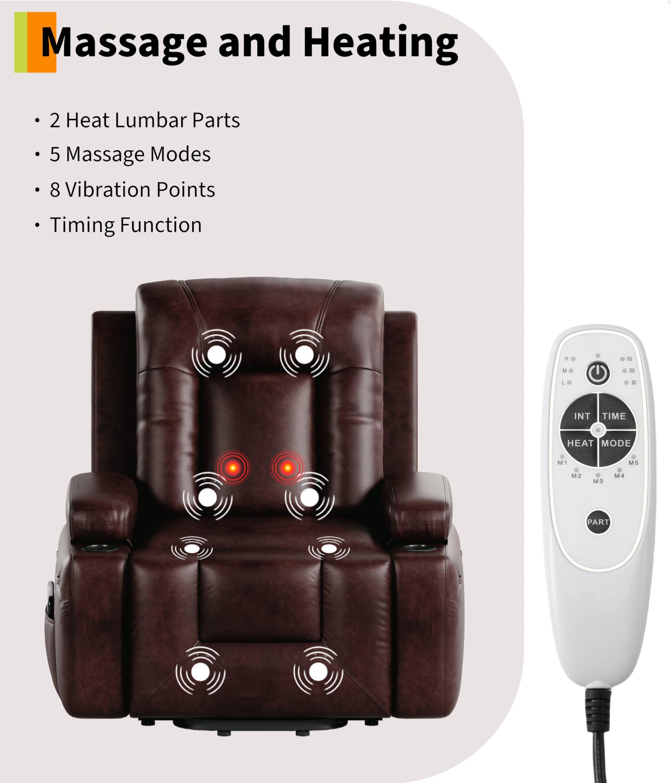 Massage and Heating

- 2 Heat Lumbar Parts
- 5 Massage Modes
- 8 Vibration Points
- Timing Function

INT TIME  
HEAT MODE  
M1 M2 M3 M4  
PART