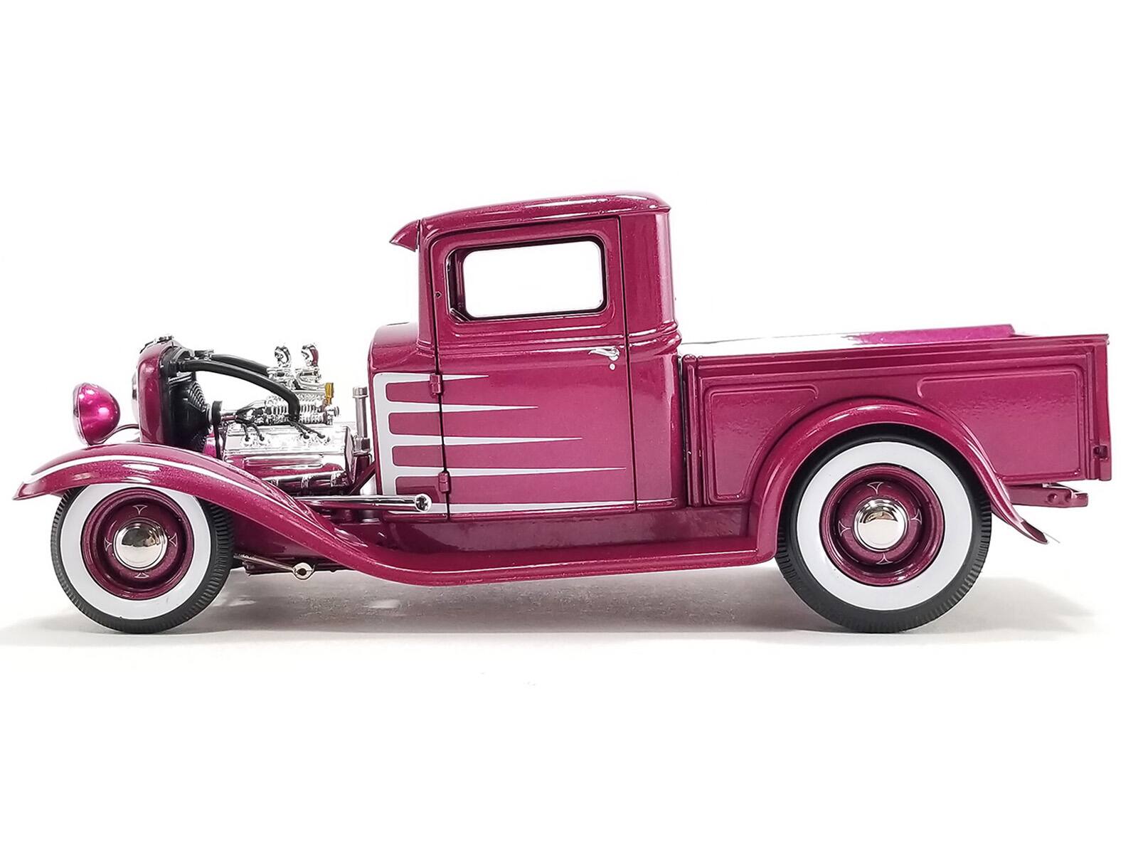 Angle. ACME - 1932 Ford Hot Rod Pickup Truck Grand National Deuce #7 Cotton Candy Pink Metallic w/ White Graphics 1/18 - Candy Pink.