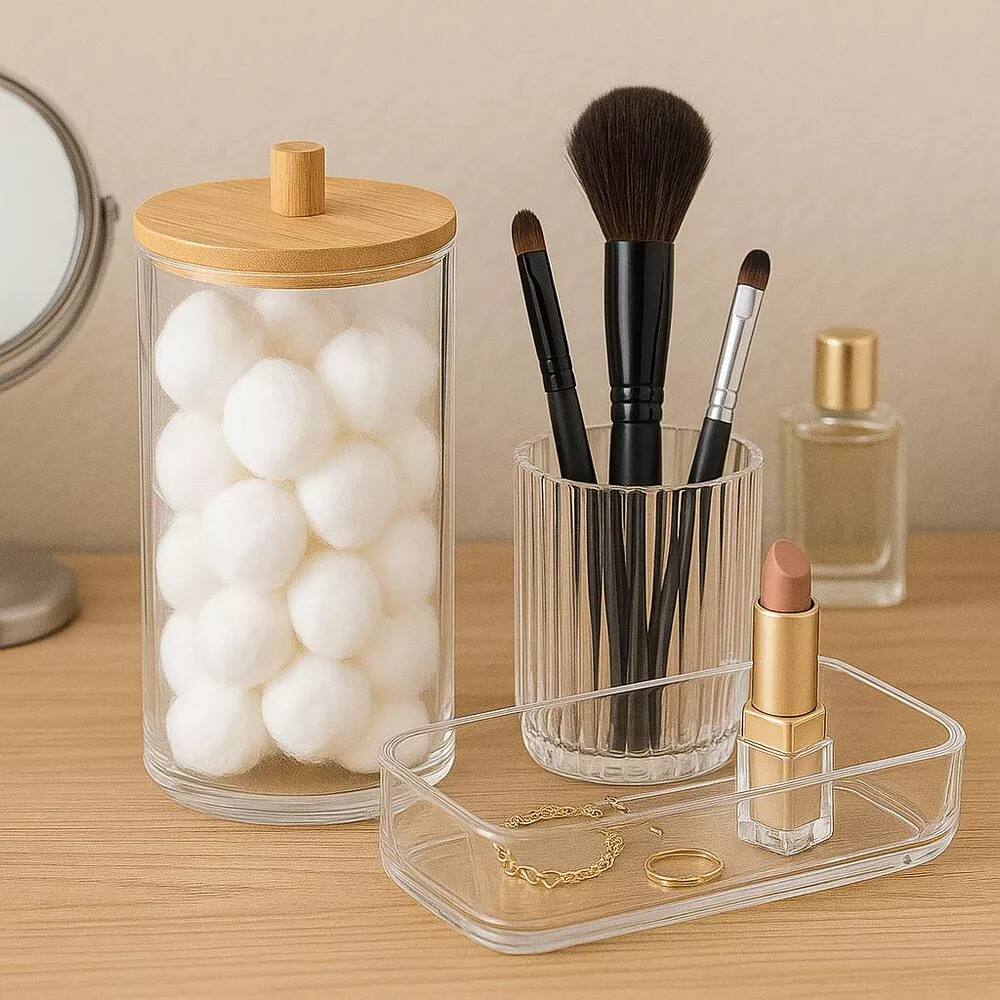 Angle. Elle - Acrylic Cotton Ball Holder with Bamboo Lid, Clear Makeup & Cotton Storage Organizer for Vanity & Bathroom Countertop - Clear/Natural Bamboo.