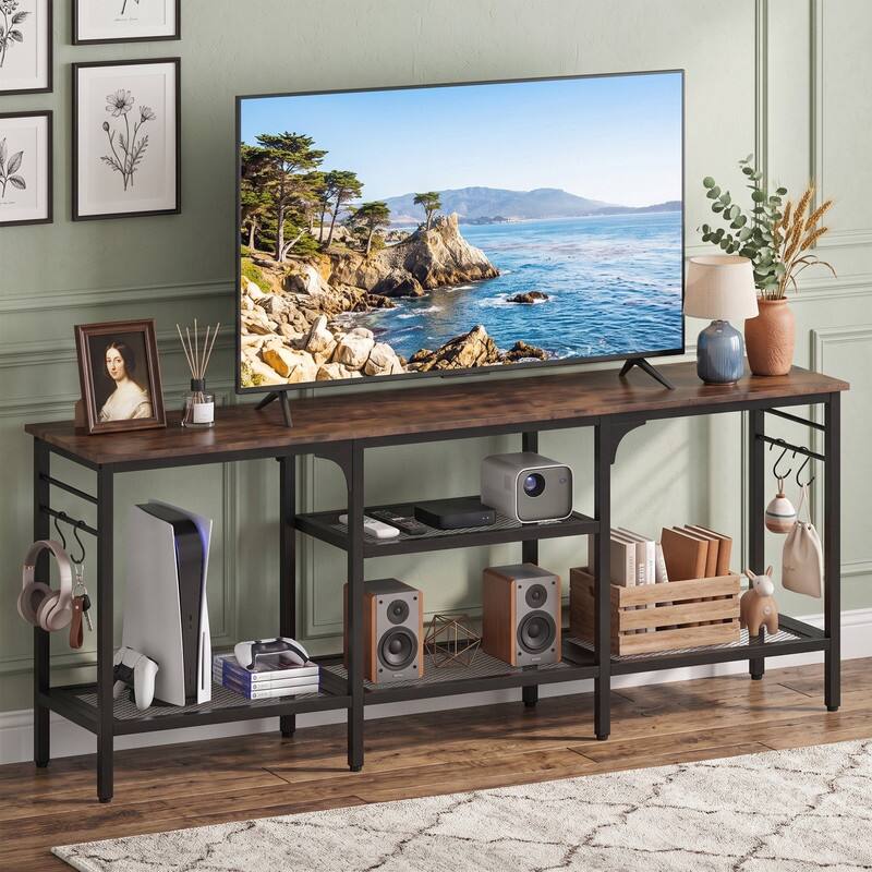 Angle. WELLFOR - Farmhouse TV Stand for TVs up to 65" with 3-Tier Open Shelves and 4 Hooks, Entertainment Center for Living Room - Rustic Brown & Black.