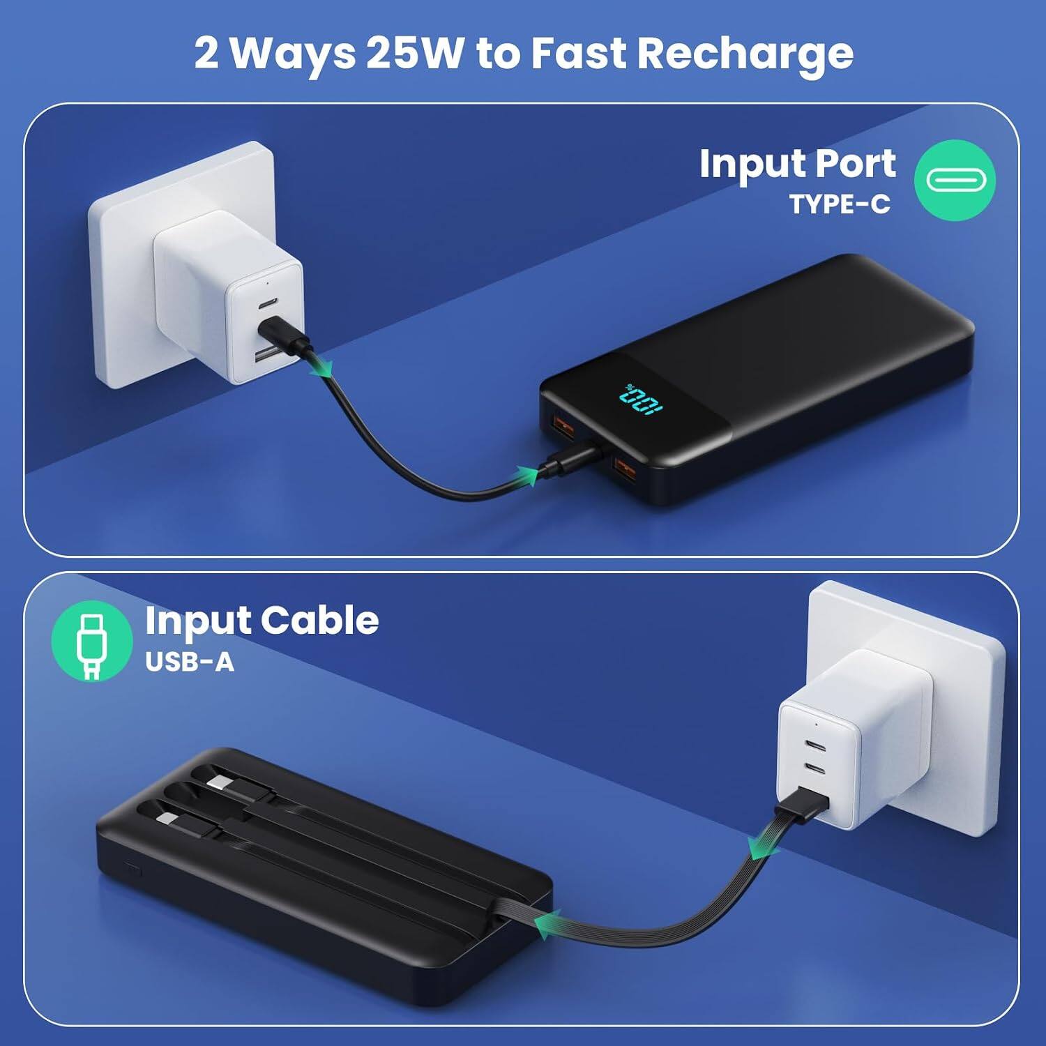 2 Ways 25W to Fast Recharge

Input Port - TYPE-C

100%

Input Cable - USB-A