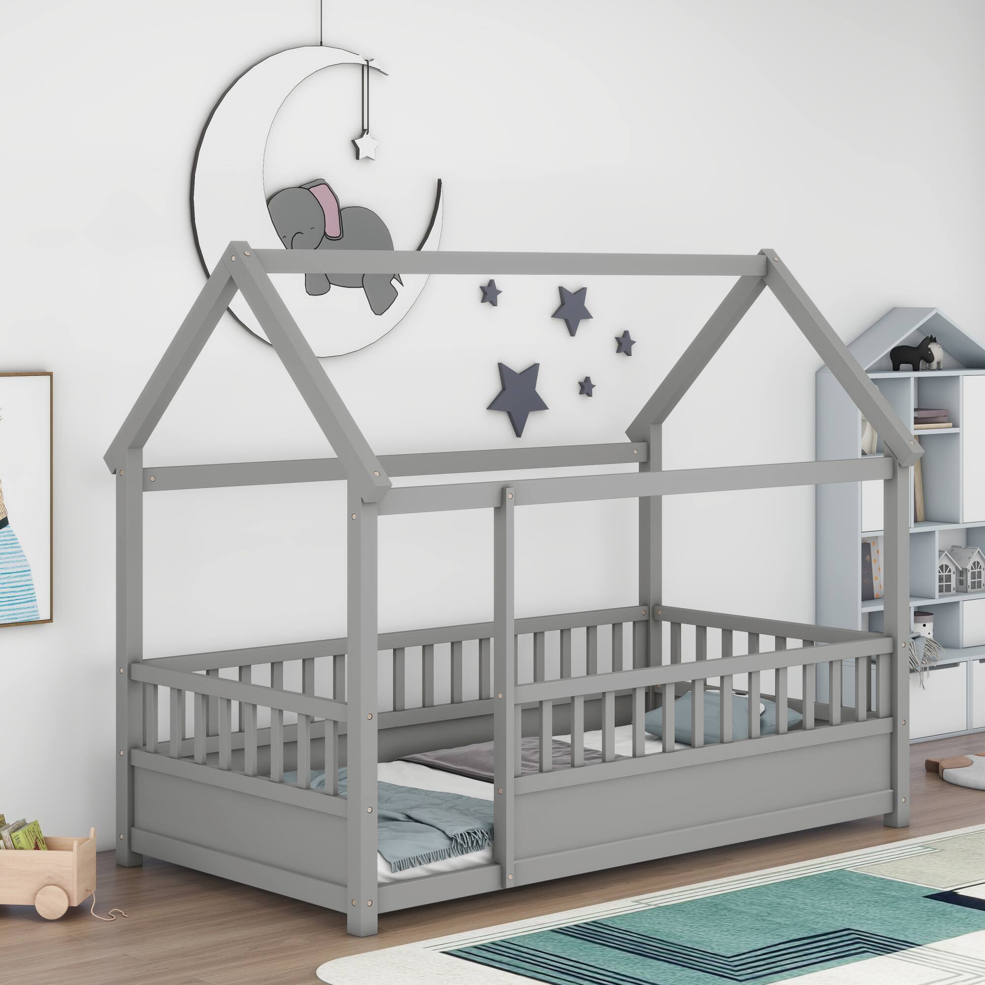 Alt View 2. GOODSILO - Twin Size Floor Bed with Playhouse Roof Design and Safety Guardrails for Children's Bedroom - Grey.