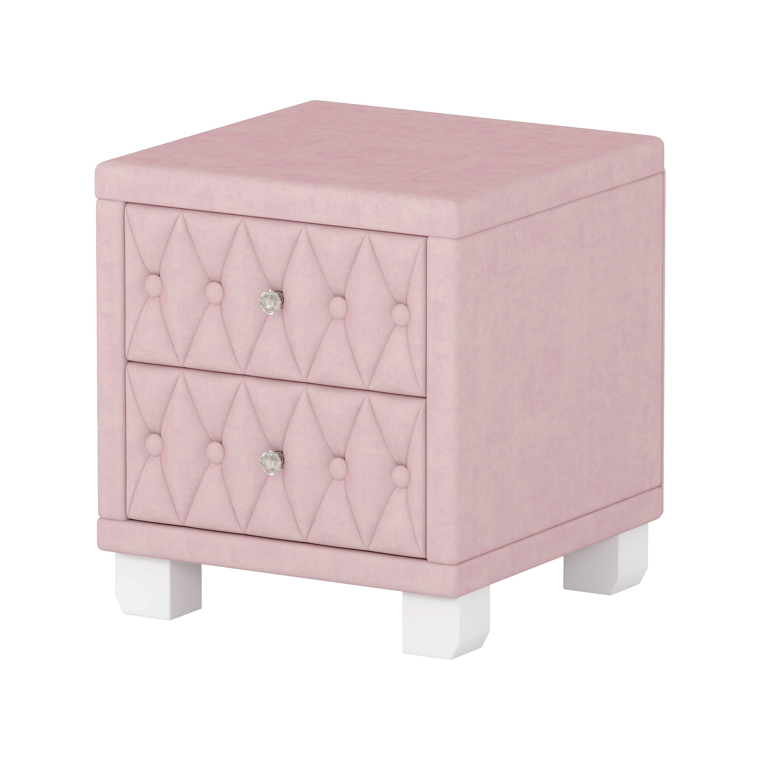 Back. Bestier - Elegant Velvet Nightstand with 2 Drawers and Crystal Handle, Storage Bedside Table with Button-Tufted, Pink - Pink.