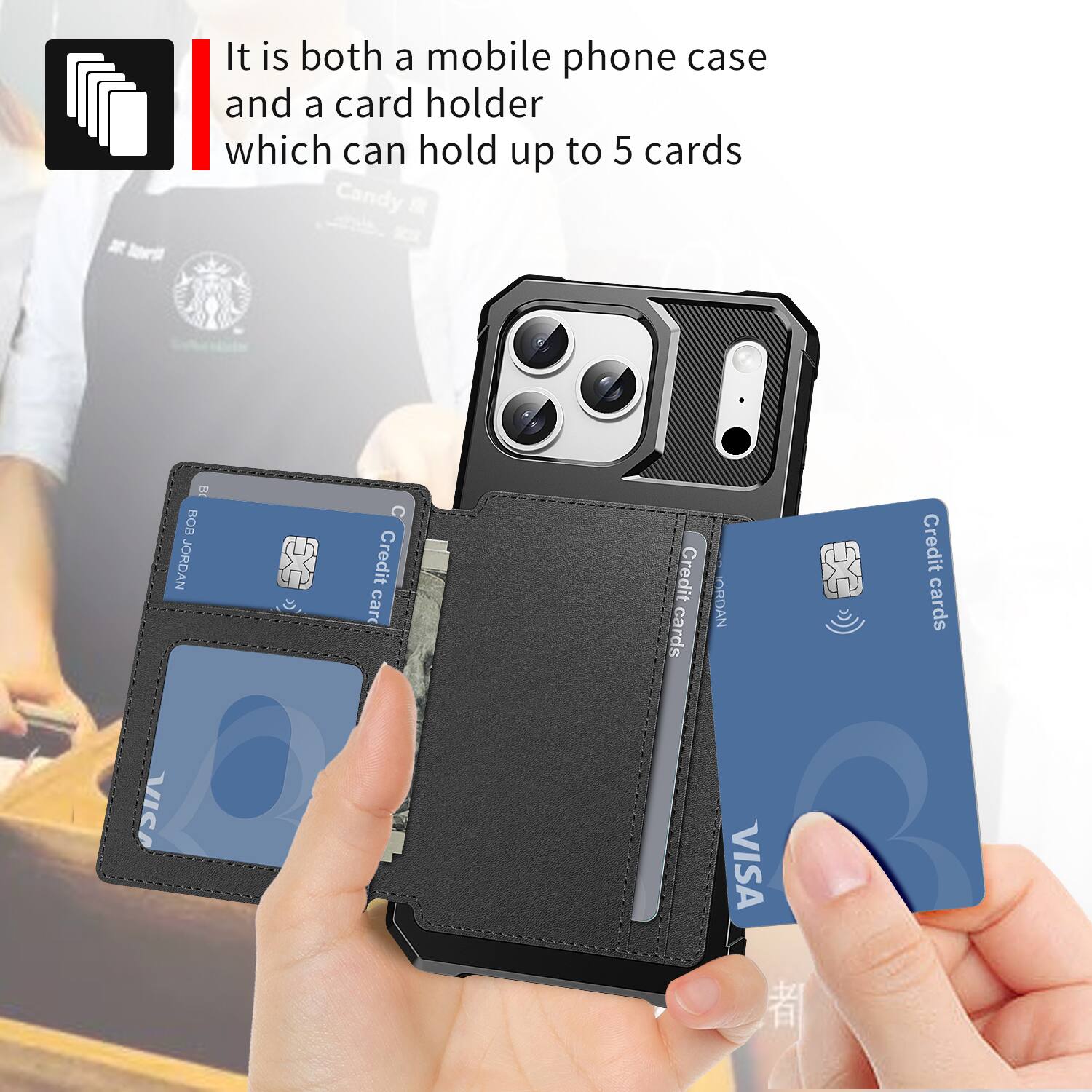 It is both a mobile phone case and a card holder which can hold up to 5 cards.