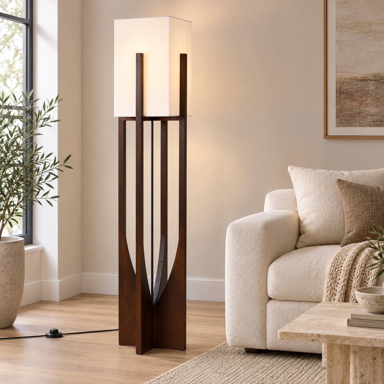 Angle. E.P. Light - Modern Wabi-Sabi Wooden Standing Floor Lamp with Fabric Shade, 3 Color Modes - Brown.