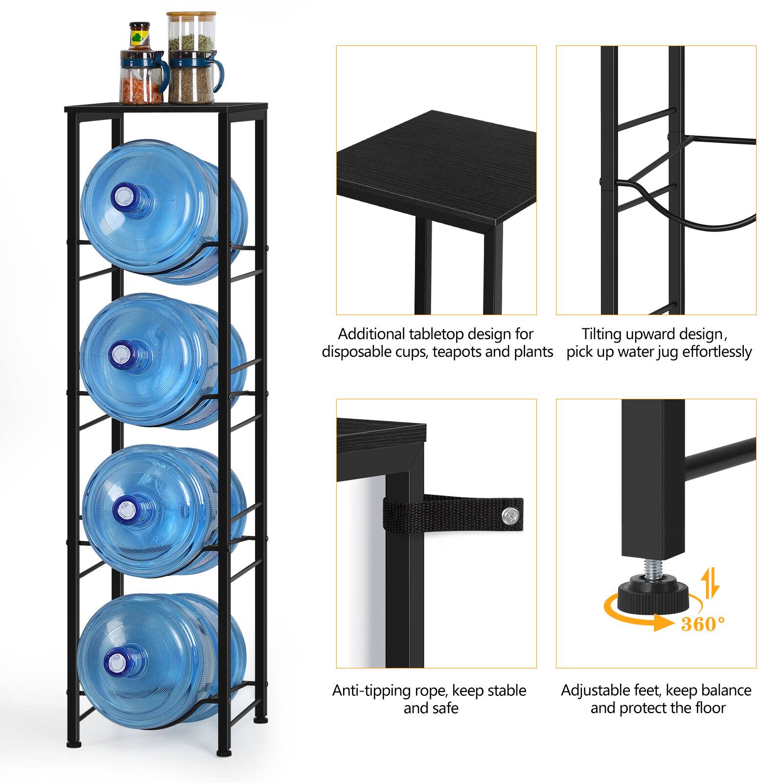 Additional tabletop design for disposable cups, teapots and plants  
Tilting upward design, pick up water jug effortlessly  
Anti-tipping rope, keep stable and safe  
Adjustable feet, keep balance and protect the floor