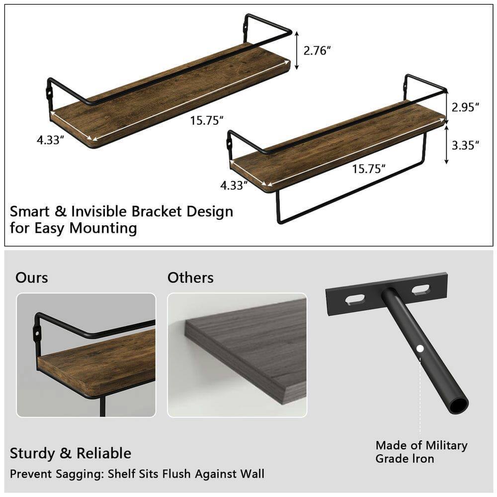 2.76" 15.75" 2.95" 4.33" 3.35" 4.33" 15.75" Smart & Invisible Bracket Design for Easy Mounting Ours Others Sturdy & Reliable Prevent Sagging: Shelf Sits Flush Against Wall Made of Military Grade Iron